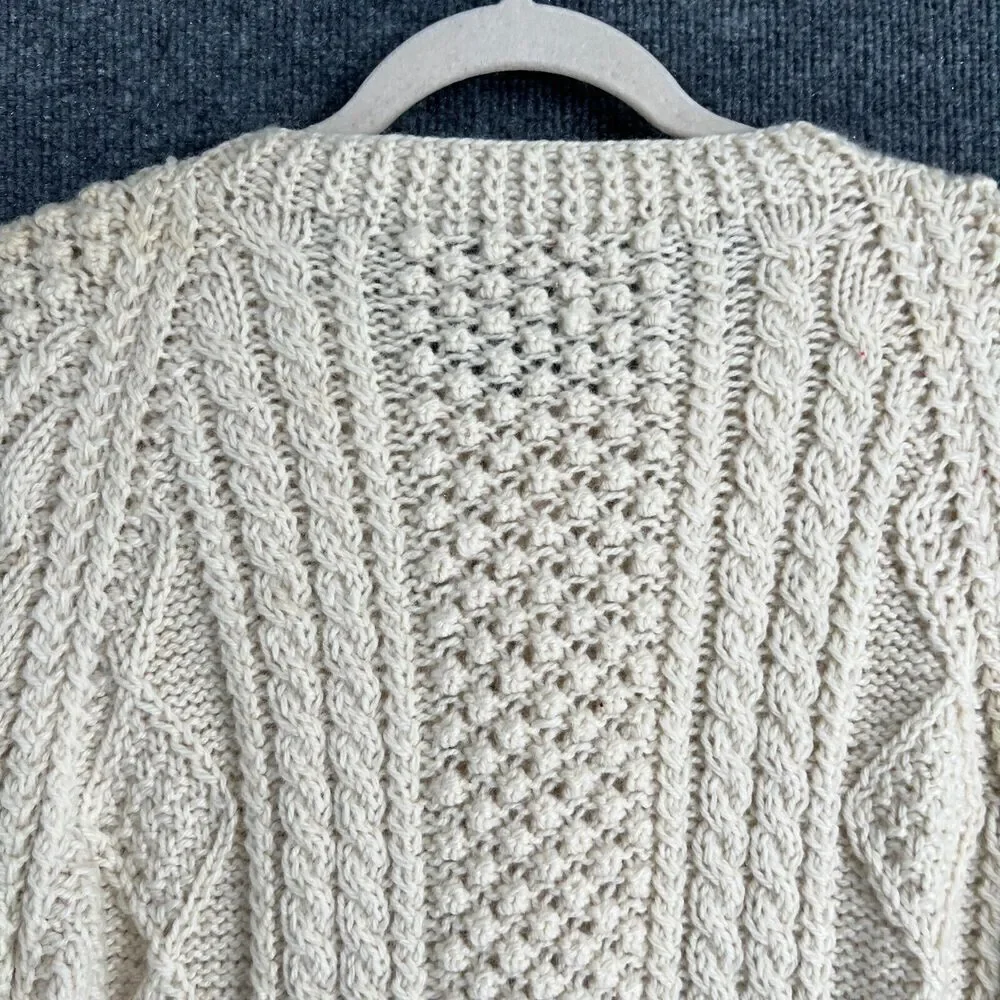 Vintage Wm McNelis & Sons Wool Fisherman Sweater Cardigan Womens M Cream Chunky
